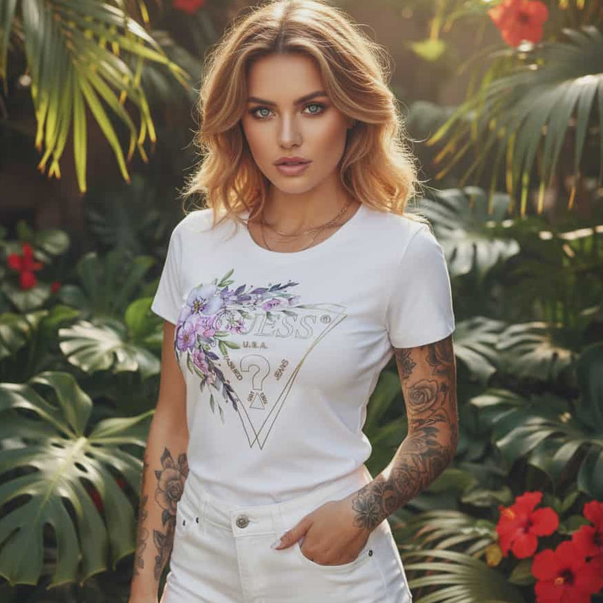 Руса жена с татуировки носи бяла тениска GUESS с очертано триъгълно лого, украсено с лилави цветя и зелени листа, на фона на тропическа растителност.