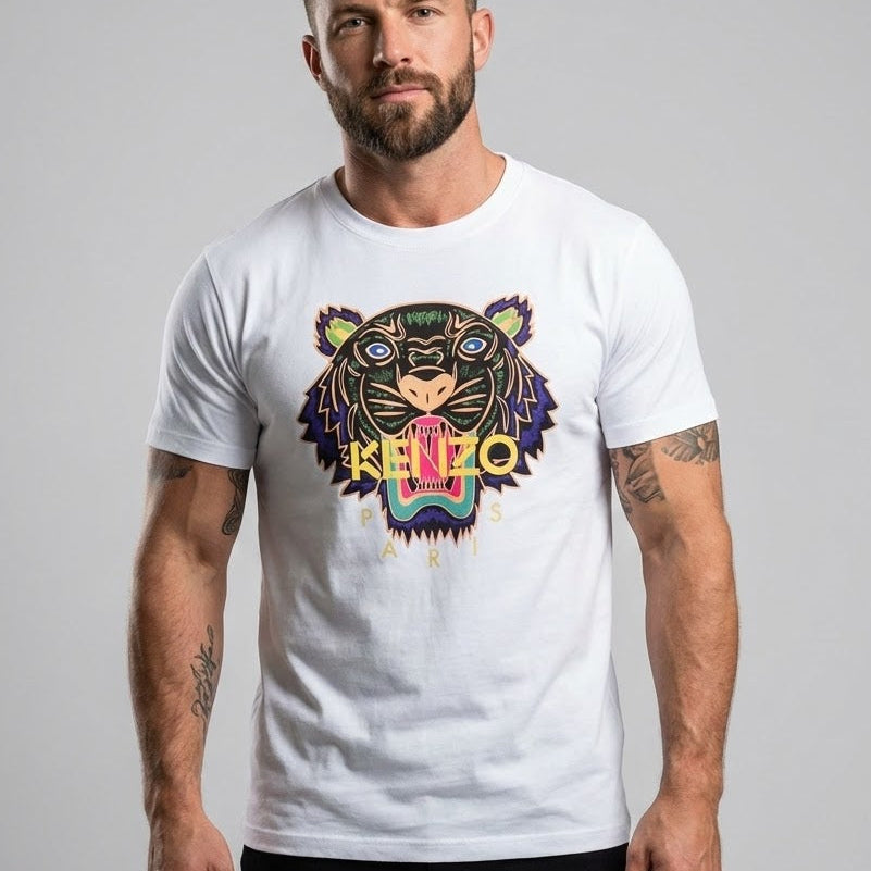 Мъжка бяла памучна тениска Kenzo с принт глава на тигър и надпис Kenzo Paris