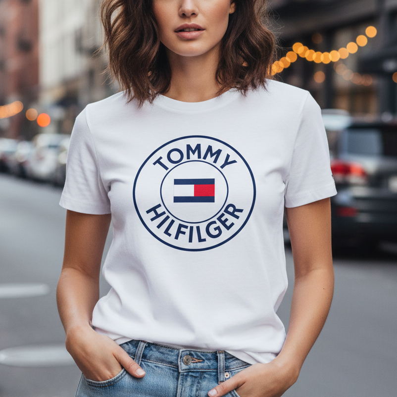Модел на градска улица, носещ бяла дамска тениска Tommy Hilfiger с голямо синьо кръгло лого и флаг на гърдите.