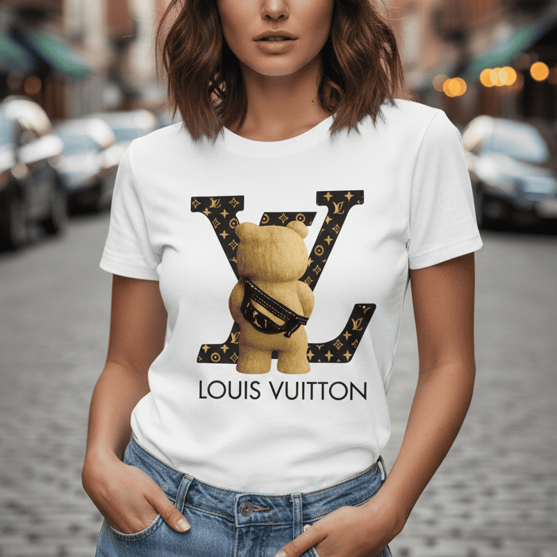 Жена с кестенява коса носи бяла тениска Louis Vuitton с голямо LV лого и щампа на плюшено мече в гръб, носещо чантичка на кръста.
