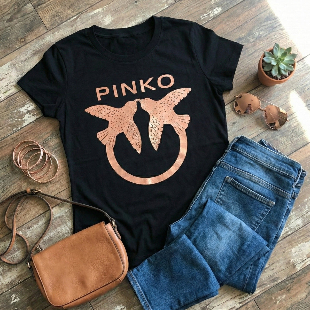 Тениска с розово златен принт PK07 - FashionVibe