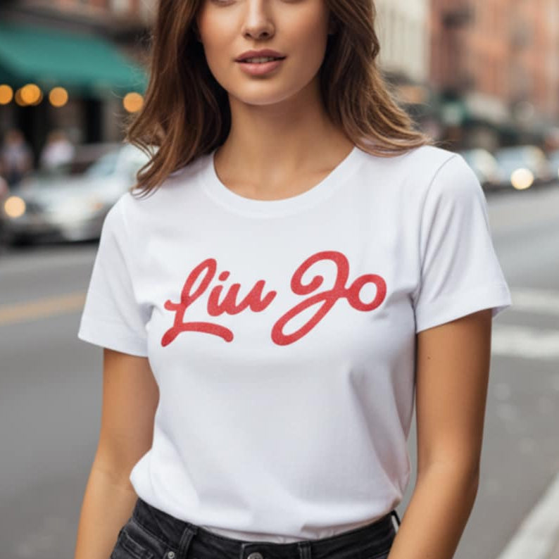 Тениска с червен велурен принт LJ3002 - FashionVibe