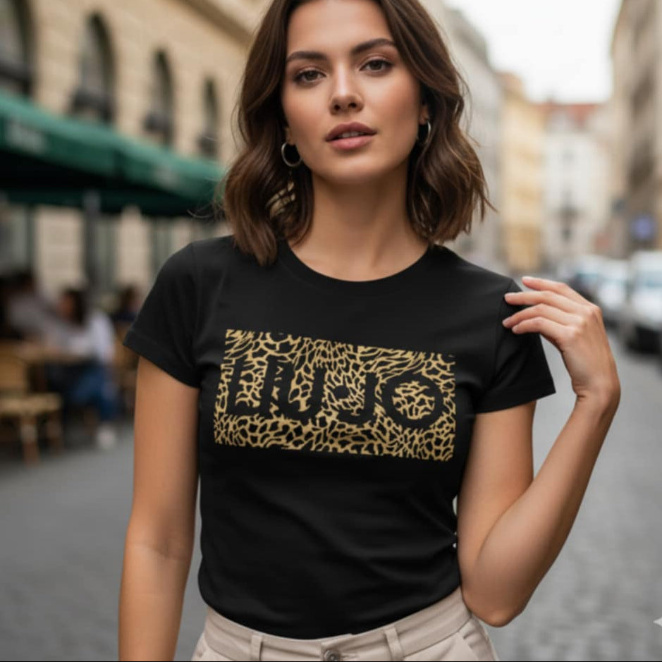 Тениска със златен принт LJ3079 - FashionVibe