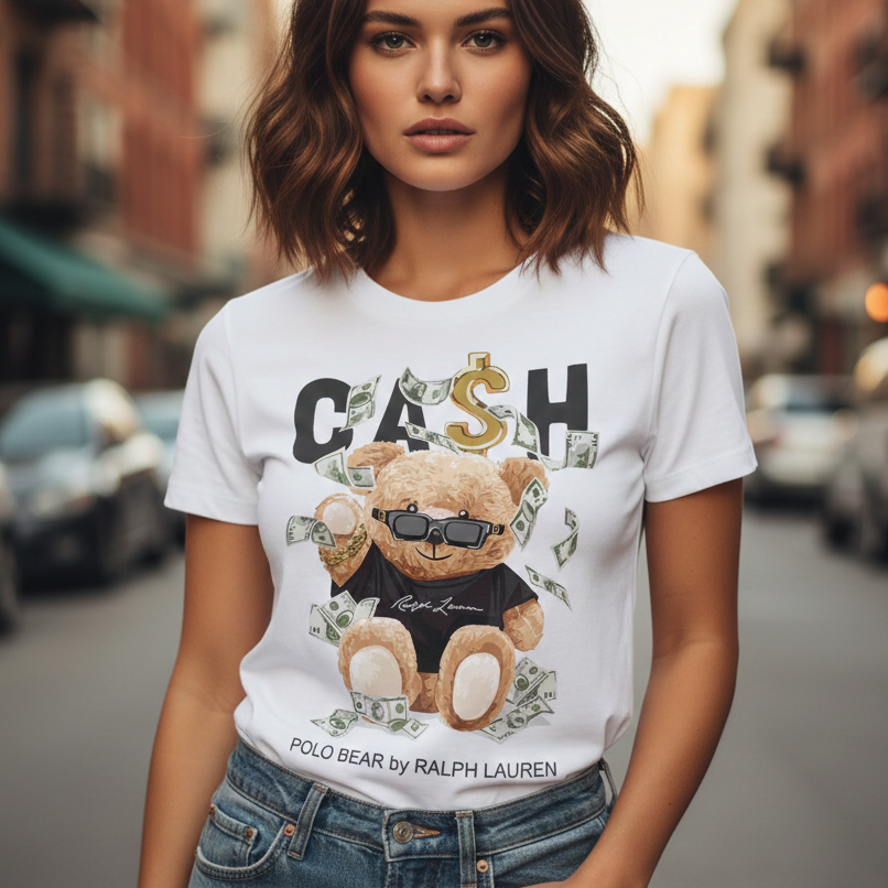 Модел, носещ бяла дамска тениска Ralph Lauren с щампа на мече (Polo Bear) със слънчеви очила, заобиколено от падащи долари и надпис CASH. Мече бандит.